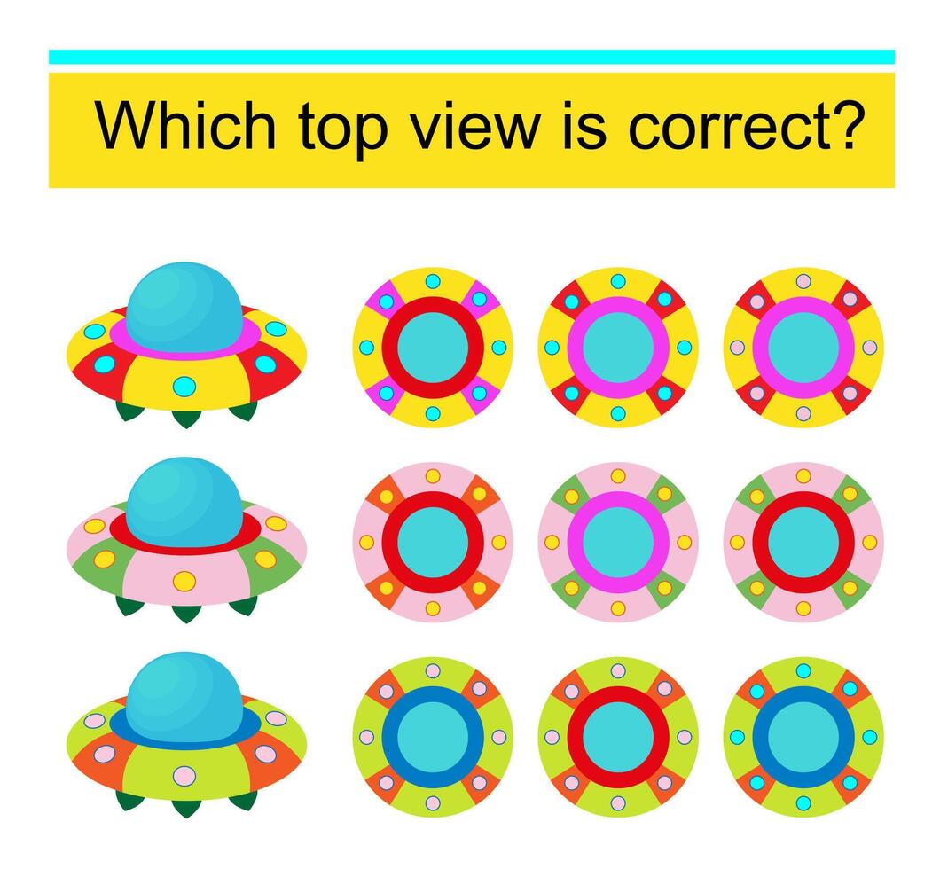 Educational game for kids. Need to find the top view for every flying saucer. vector