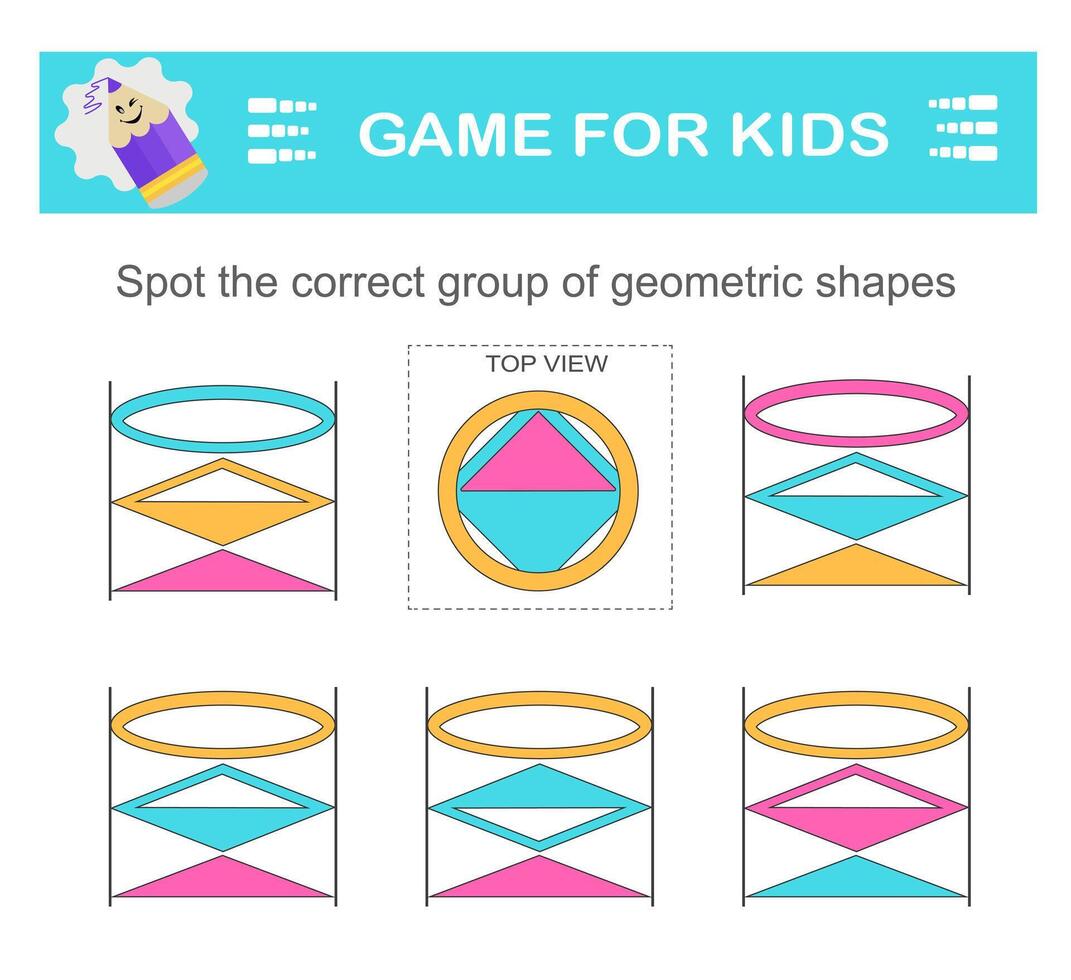 Find the correct group of geometric shapes. Logical game. Attention tasks for children. Printable worksheet vector