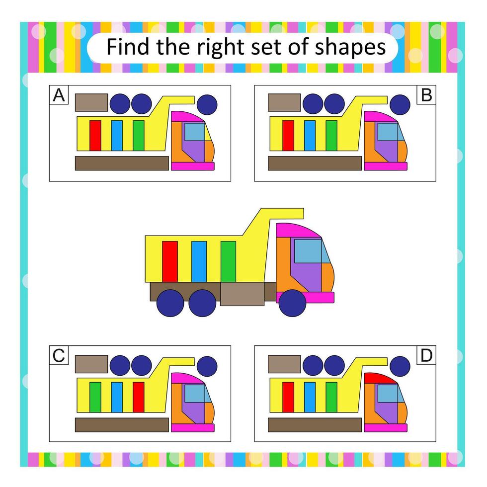Puzzle for kids. Find the correct set of cartoon dump truck. Answer is B. vector