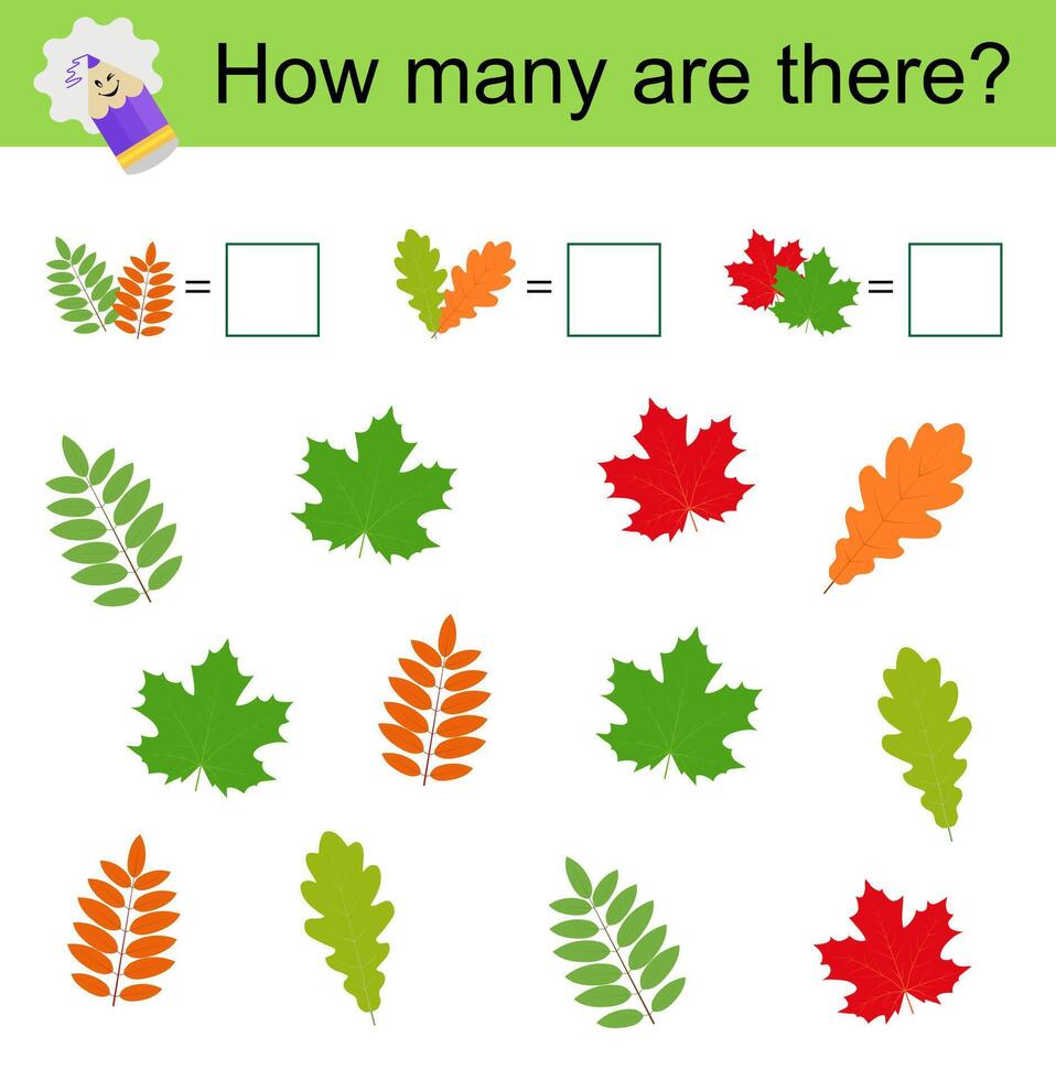 Math activity for kids. Cartoon oak, rowan, maple vector