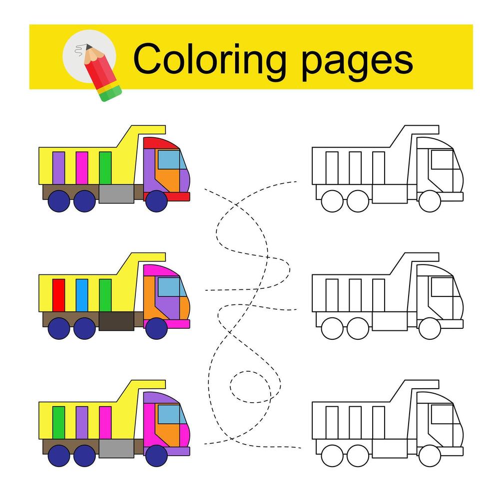 Educational game for kids. Go through the maze and color a cartoon truck according to the pattern. vector