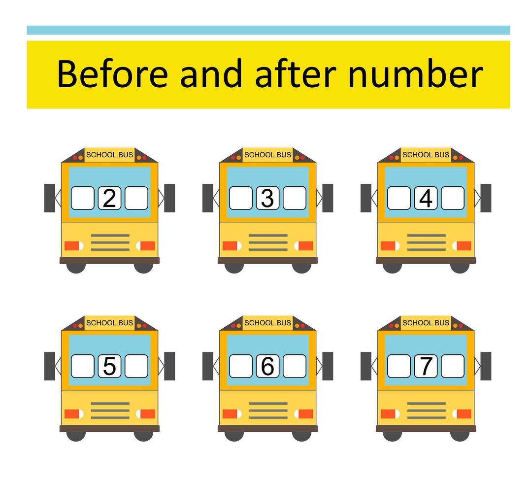 What comes Before and After. Math worksheets for kids. Number range up to 10. vector