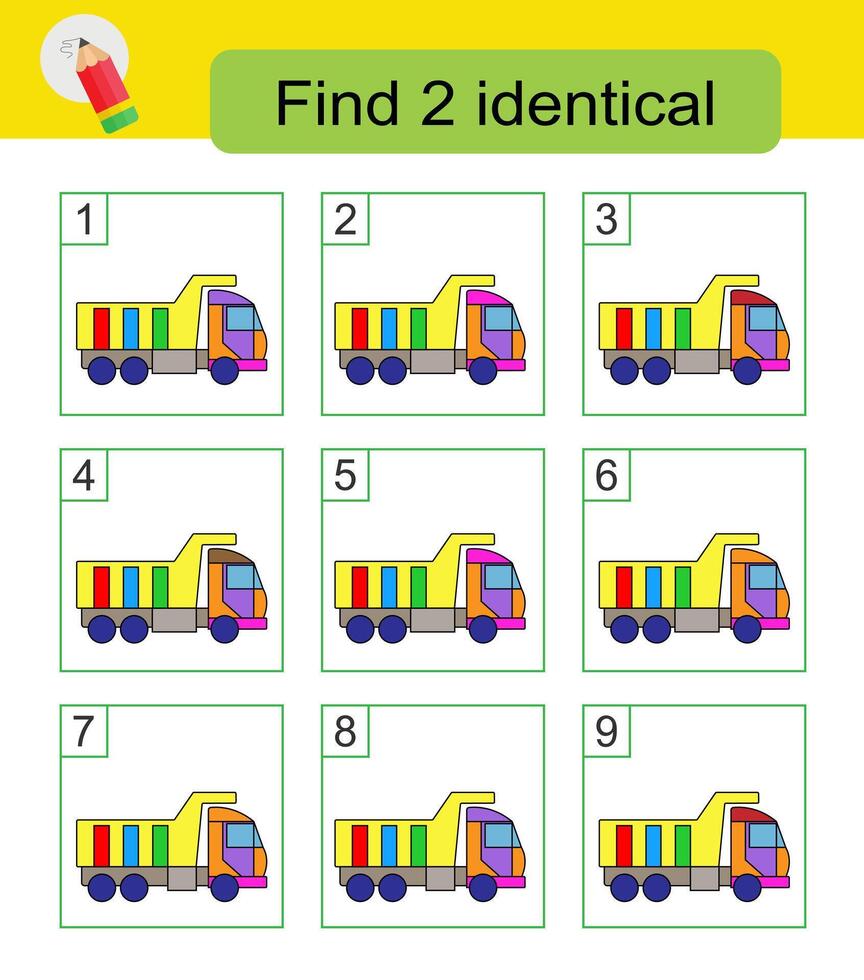 Fun puzzle game. Need to find two identical dump trucks. Answer is 2,5. vector