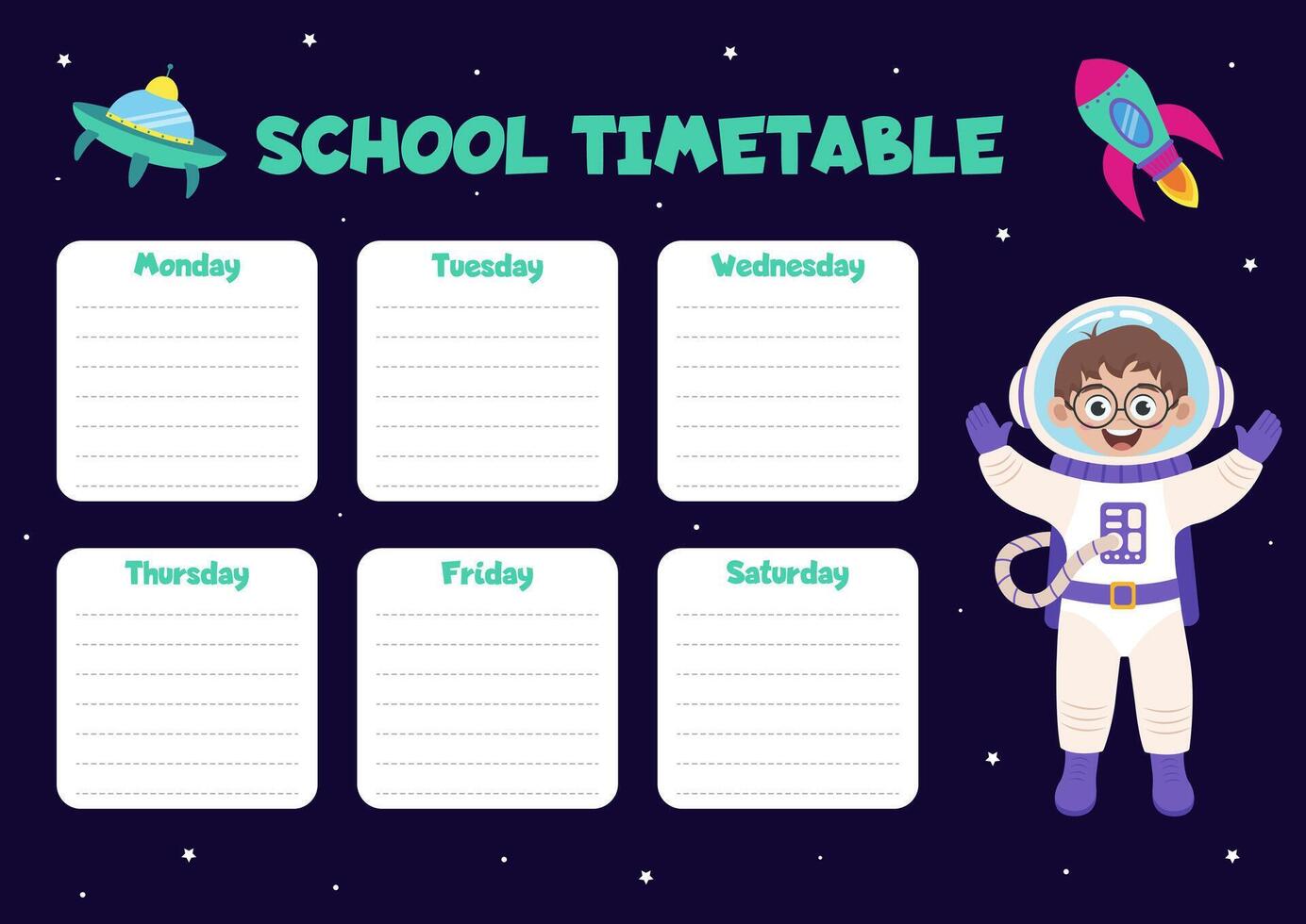 School timetable with boy astronaut. Space concept. vector
