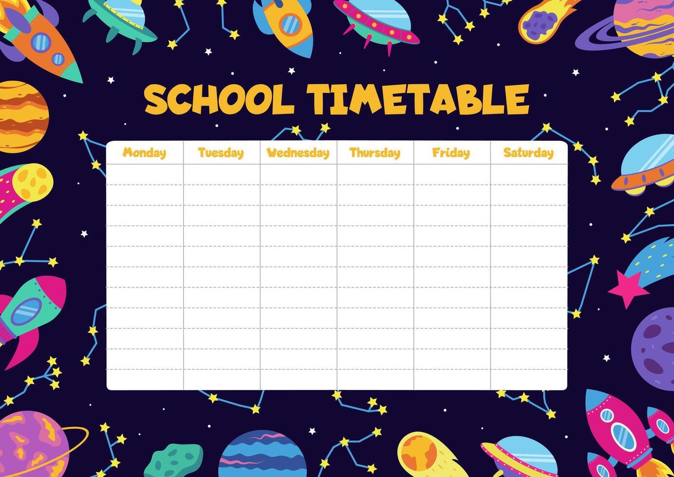 Space school timetable with space elements. vector