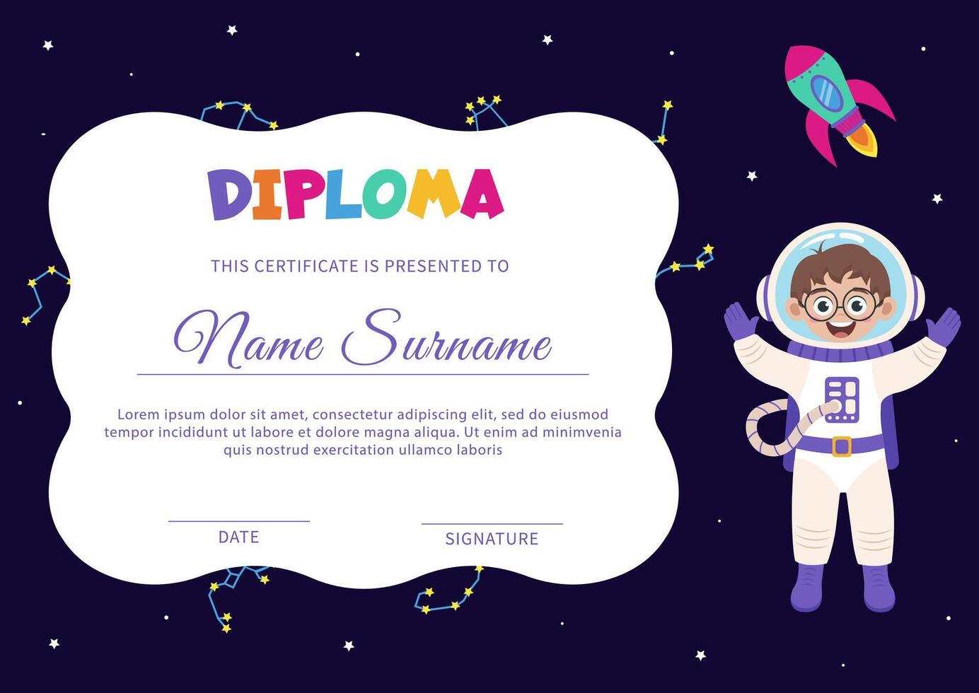 Diploma, certificate with space elements and boy astronaut. vector