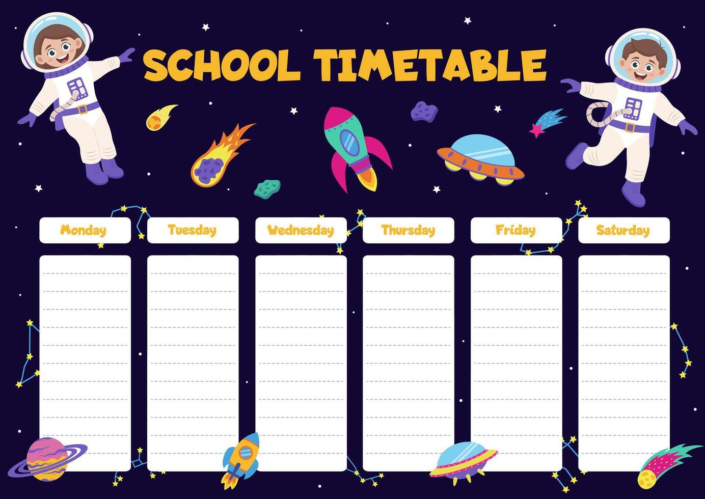 Space school timetable with space elements and children astronauts. vector