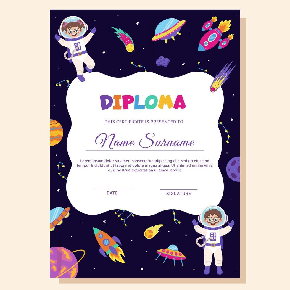 Space concept. Diploma, certificate with space elements and children astronauts. vector