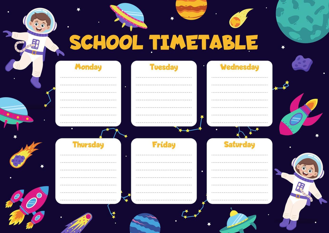 School timetable with space concept. Timetable with space elements and children astronauts. vector