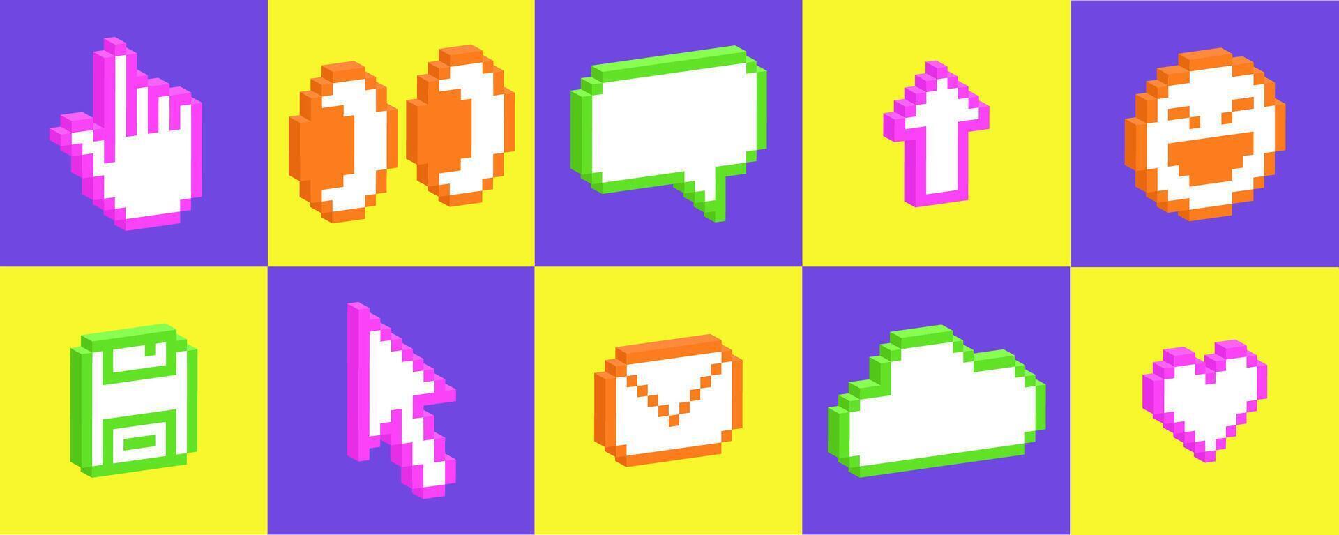 Set of 3d pixel art icons of emoji, arrow, cloud, eye, heart, email. Pack of pixelated emoji icons. 8-bit retro illustration of emoticons. vector