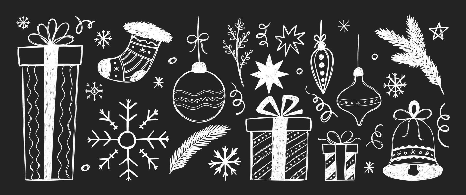 Set of Christmas doodles of star, present box, bell, snowflake with crayon or pencil texture. White hand drawn illustration on a blackboard. vector