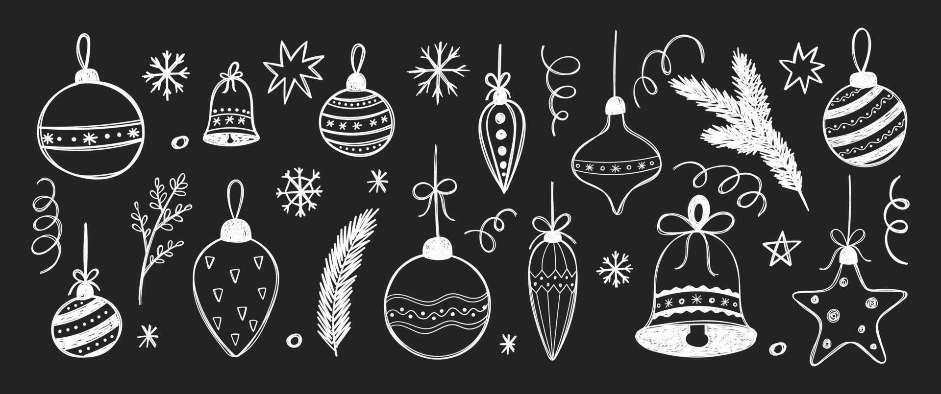 Hand drawn Christmas balls, stars and snowflakes with crayon or pencil texture. White doodle illustration on a blackboard. vector