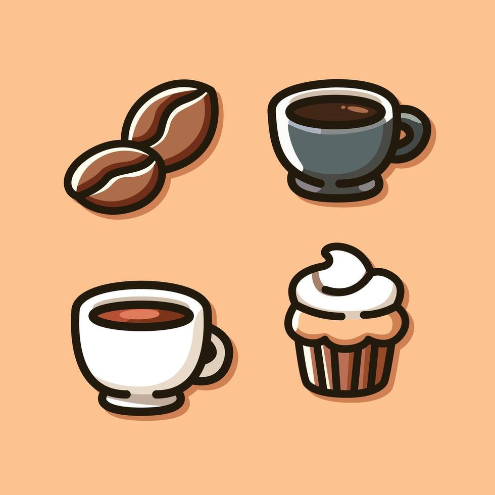 Charming Coffee and Dessert Icons - Coffee Beans, Cups, and Cupcake vector