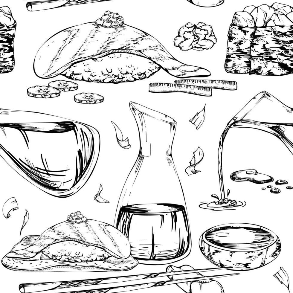 Japanese food nigiri sushi, raw fish salmon tuna seabass, caviar topping, soy sauce jar, chopsticks hand drawn in pen, ink. Seamless pattern for restaurant, cafe menu, kitchen, recipe book vector