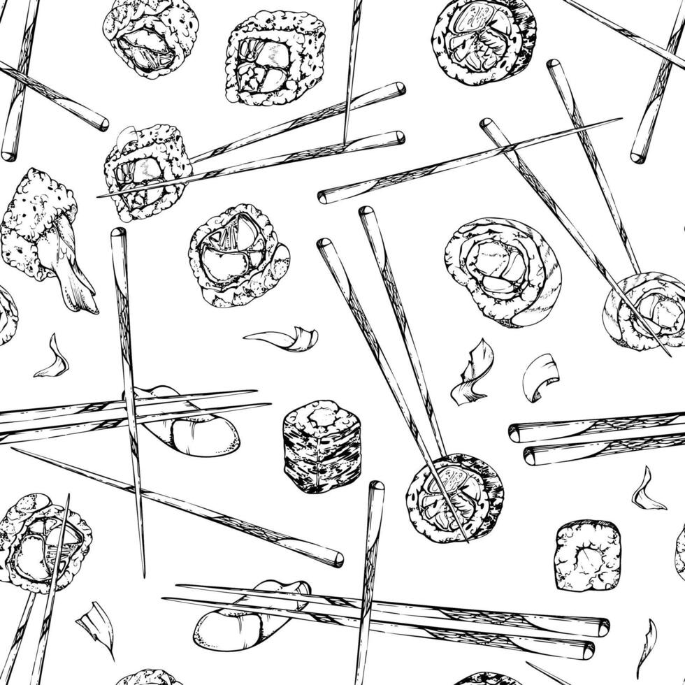 Japanese food sushi rolls, california philadelphia alaska on chopsticks with raw fish salmon unagi tuna shrimp, hand drawn in pen and ink. Seamless pattern for restaurant cafe menu, recipe book vector