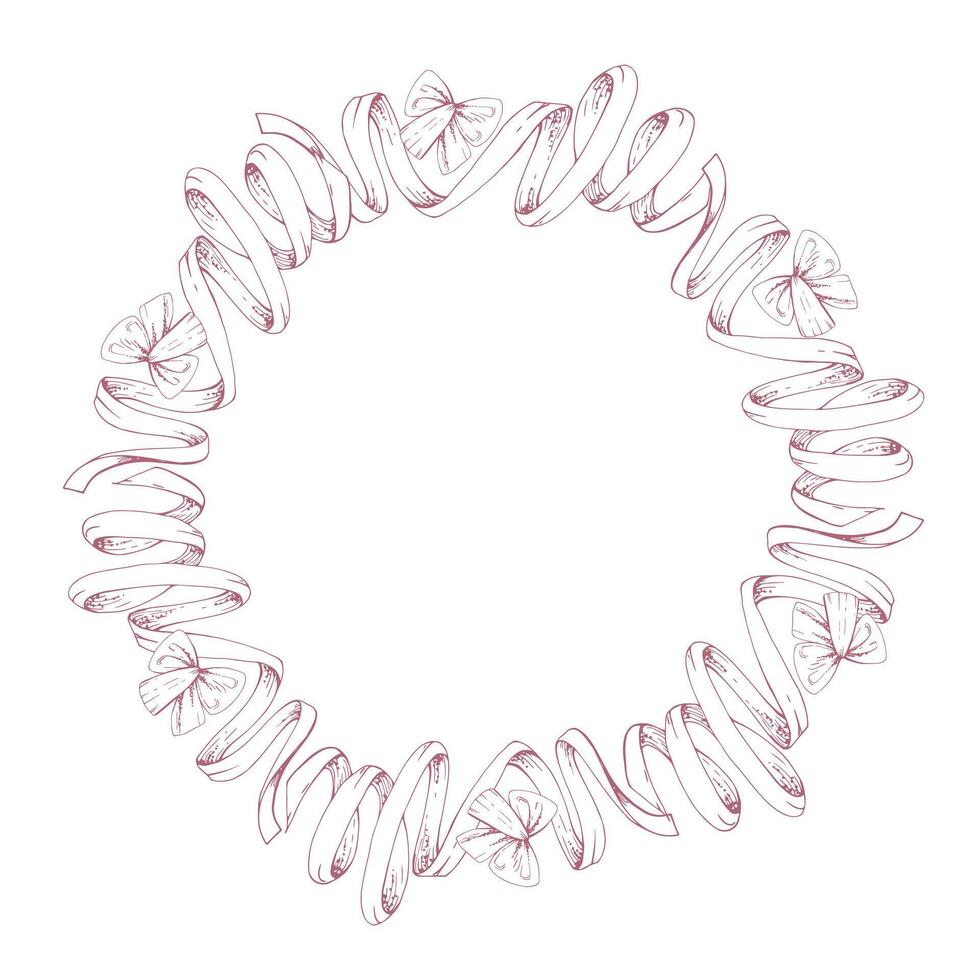 Red textile ribbon serpentine streamer swirl. Hand drawn ink illustration sewing craft embroidery supplies. Frame wreath isolated on white background. Design atelier, tailor, hobby shop, decor vector