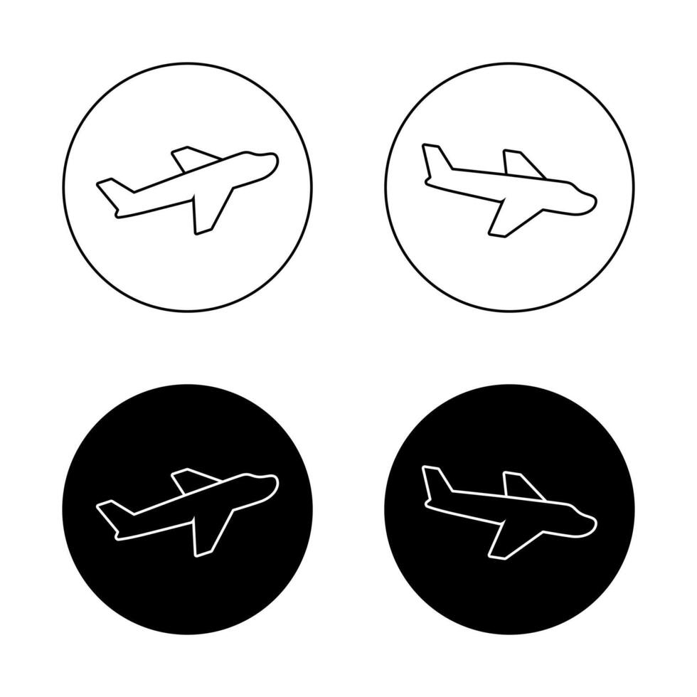 Departure and arrival airplane outline icon on black circle vector