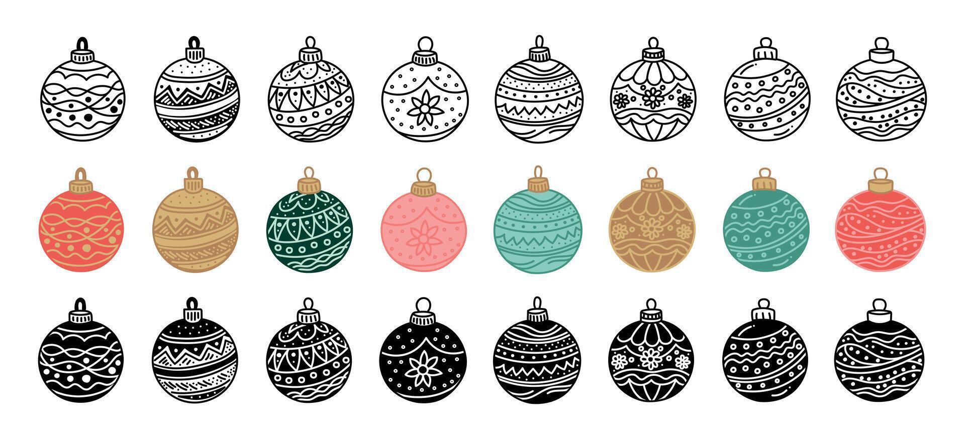 Christmas ornament icon set in various styles including outline, silhouettes and colored variations isolated on white background. Holiday decoration, seasonal winter decor, traditional Christmas balls vector