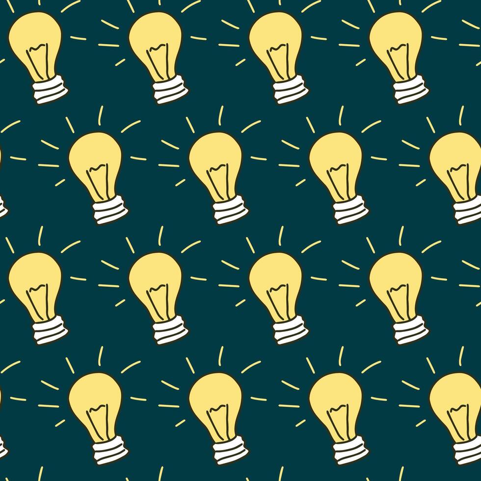 Seamless Pattern of Glowing Light Bulbs on Dark Green Background. Concept of Innovation, Bright Ideas, Creativity, Electrical Design. Art, Decoration, graphic design, inspiration symbol. Background vector
