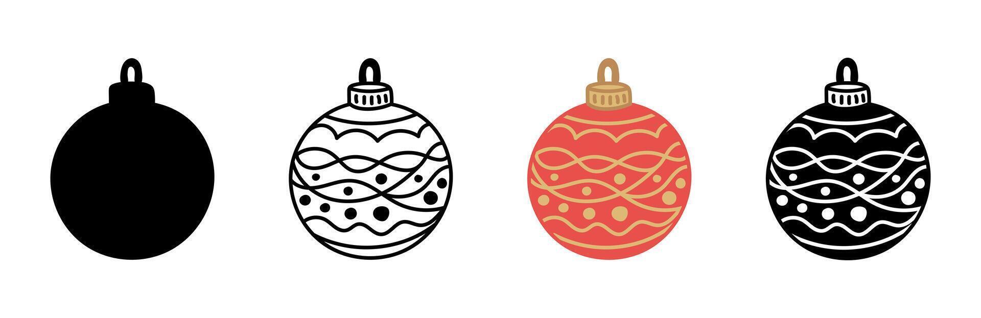 Christmas ornament icon set, including outline, silhouettes and red variations isolated on white background. Concept of Holiday decoration, seasonal winter decor, traditional Christmas balls, bauble vector