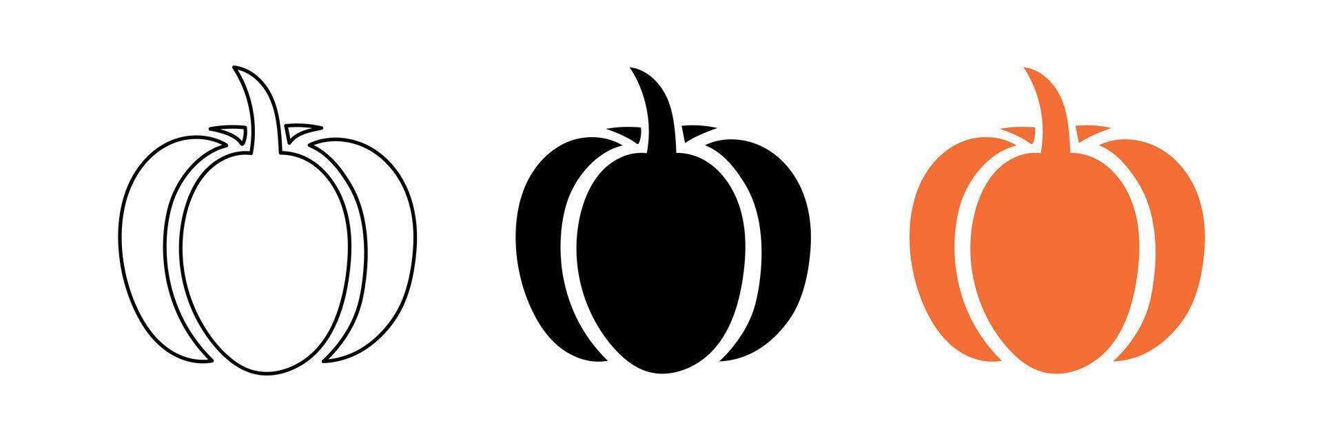 Set of three pumpkin silhouettes in different styles, outline, solid black, and solid orange isolated on white background. Concept of autumn, Halloween, harvest season, Thanksgiving, design vector
