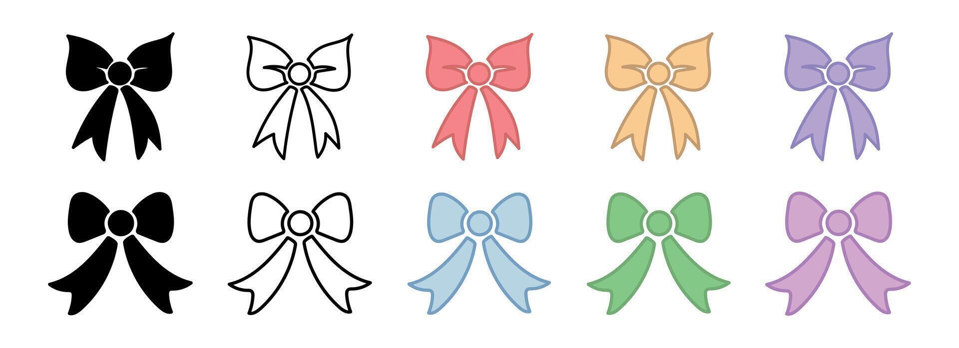 Set of bows with black and white silhouettes, outlines, and colored variations. Concept of decorative ribbons, gift bows, festive elements, holiday decorations. Design elements for cards and wrapping vector