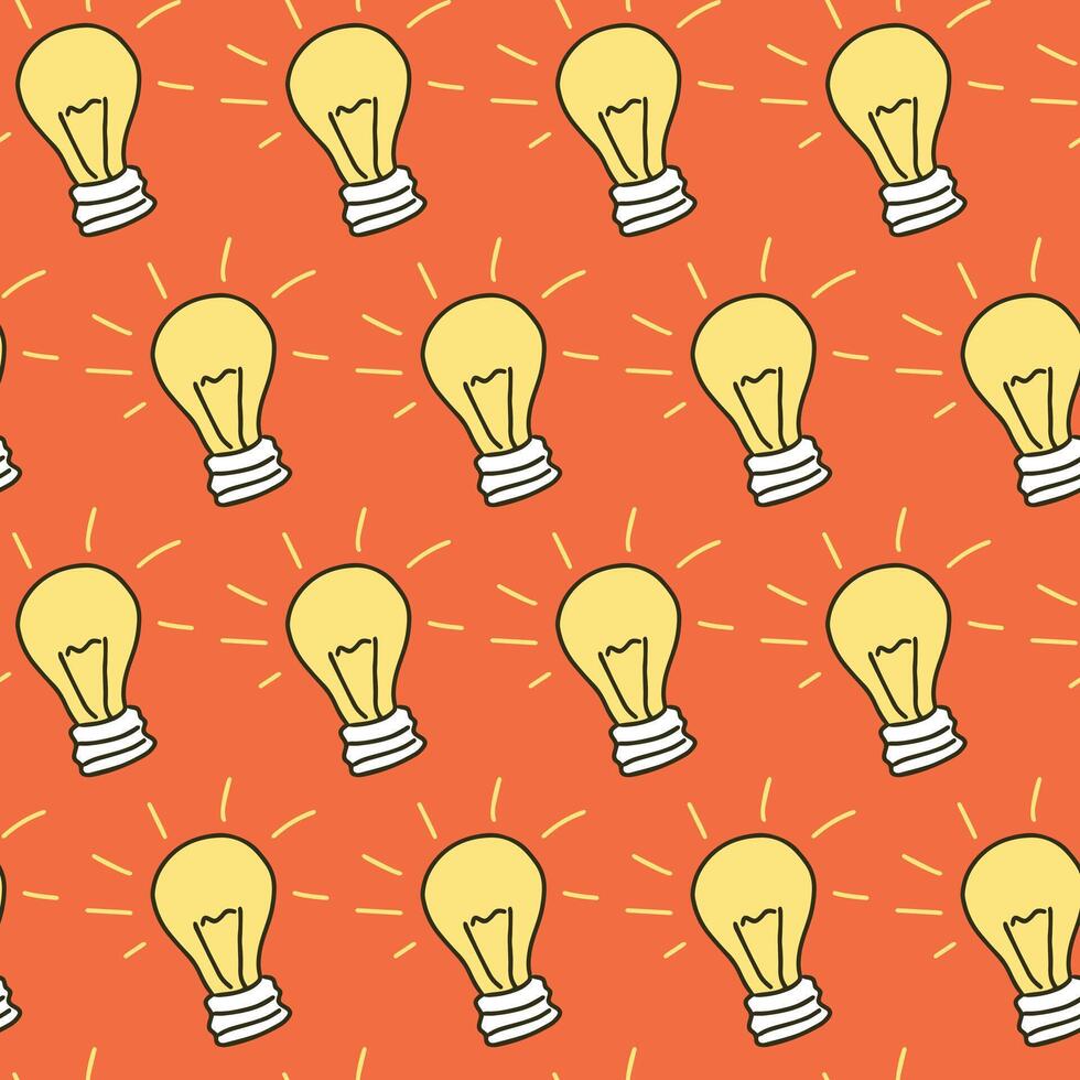 Seamless Pattern of Glowing Light Bulbs on Orange Background. Concept of Innovation, Bright Ideas, Creativity, Electrical Design. Art, Decoration, graphic design, inspiration symbol. Background vector