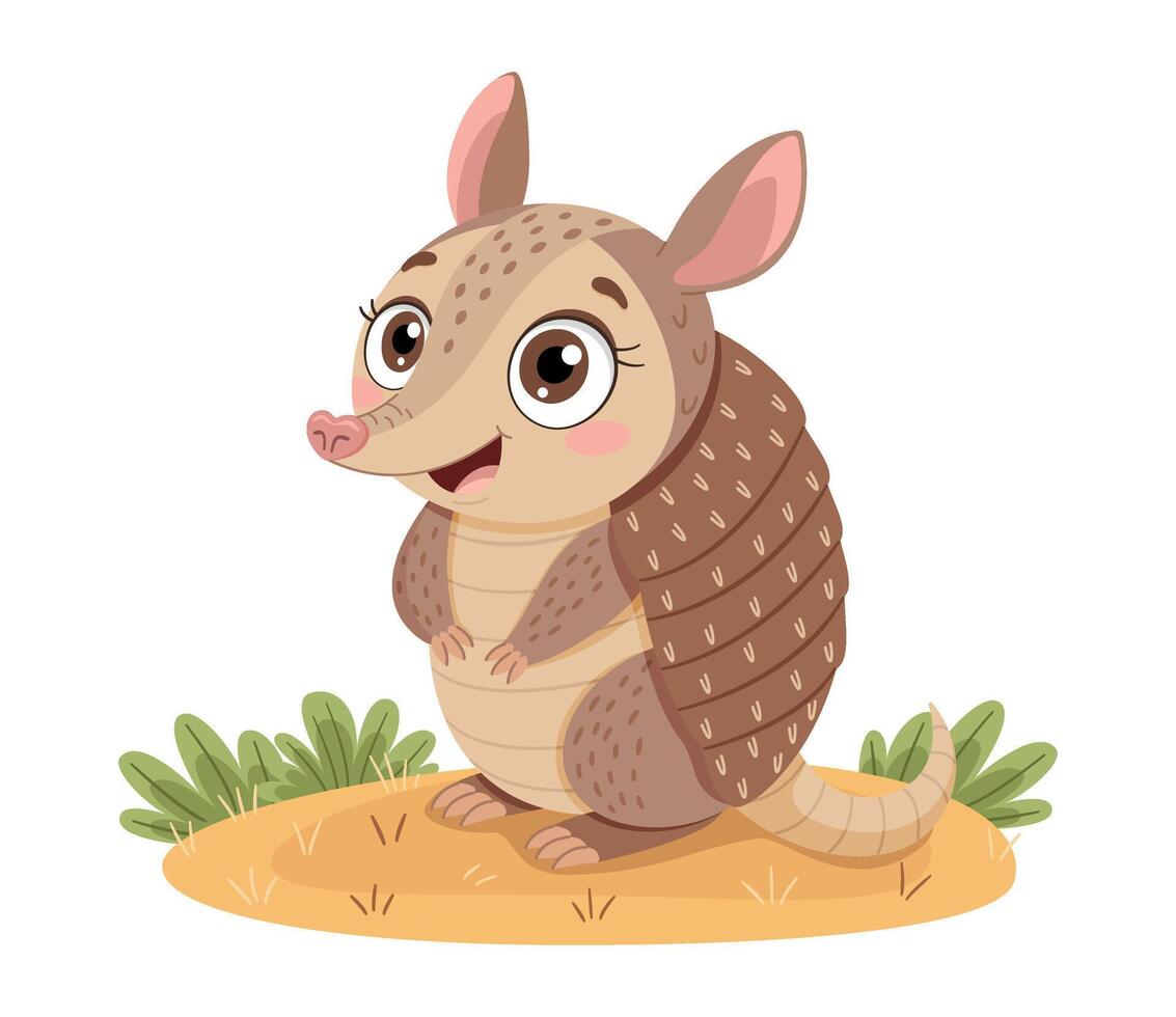 Funny armadillo. Cute cartoon animal illustration Hand drawn trendy flat style, Pet character isolated illustration vector