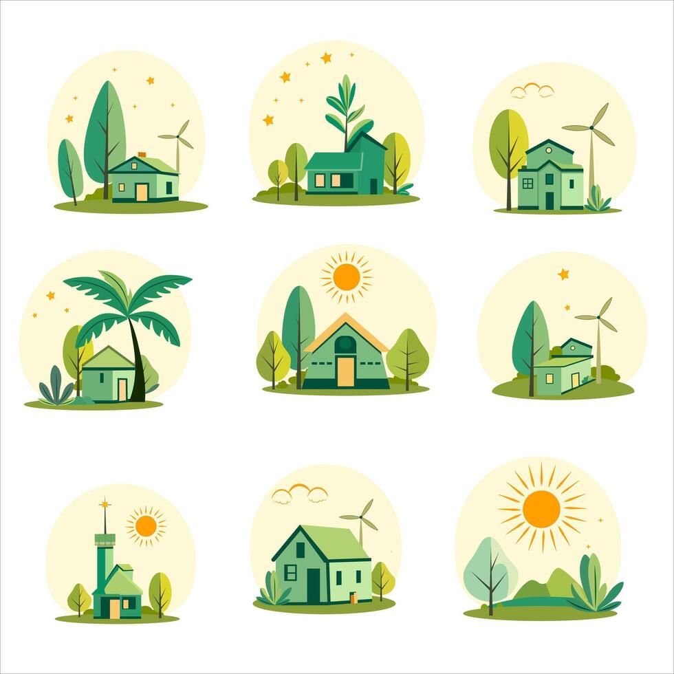 green house clean energy icon set vector