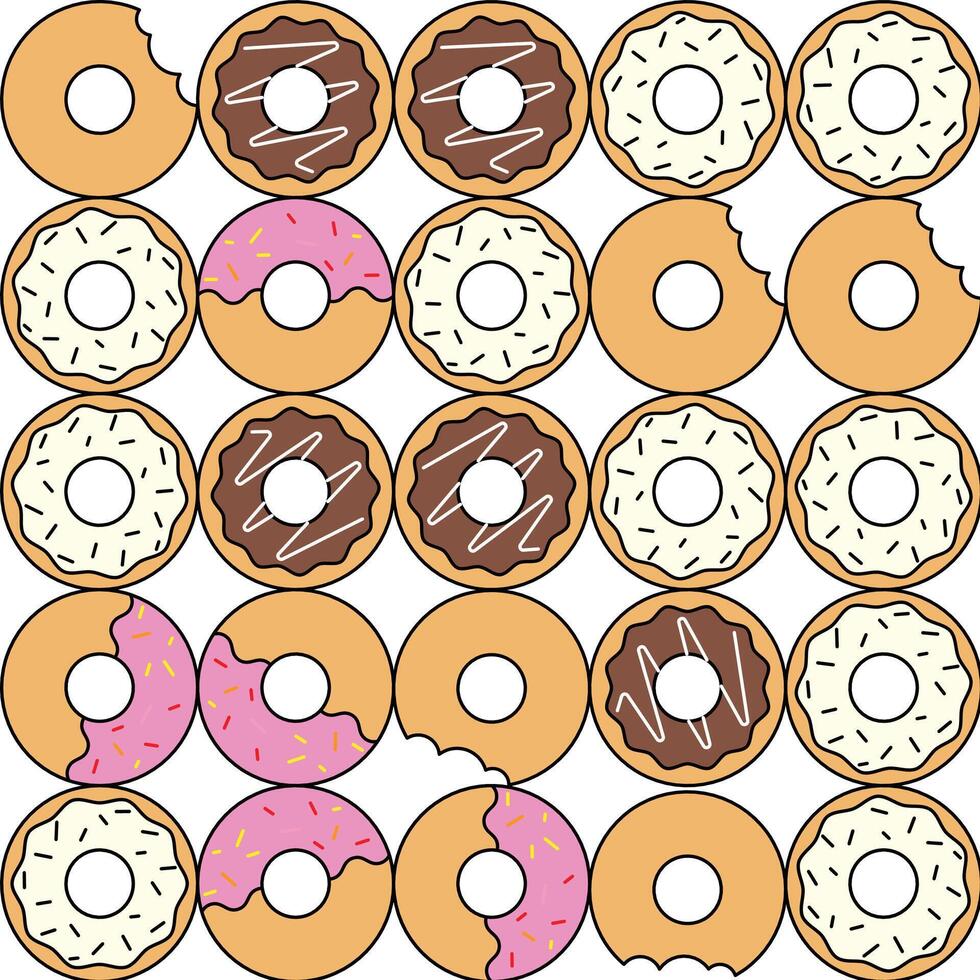 Donuts sweet pattern with vanilla, strawberry and chocolate on white background. vector