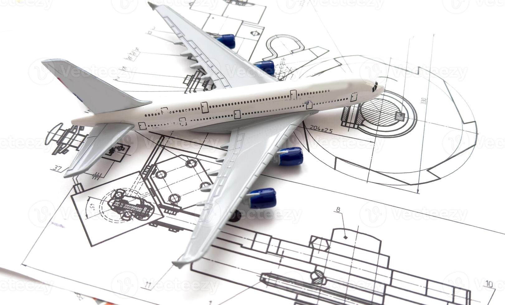 Top view background image of blueprints and plans on engineers workplace in office, copy space photo