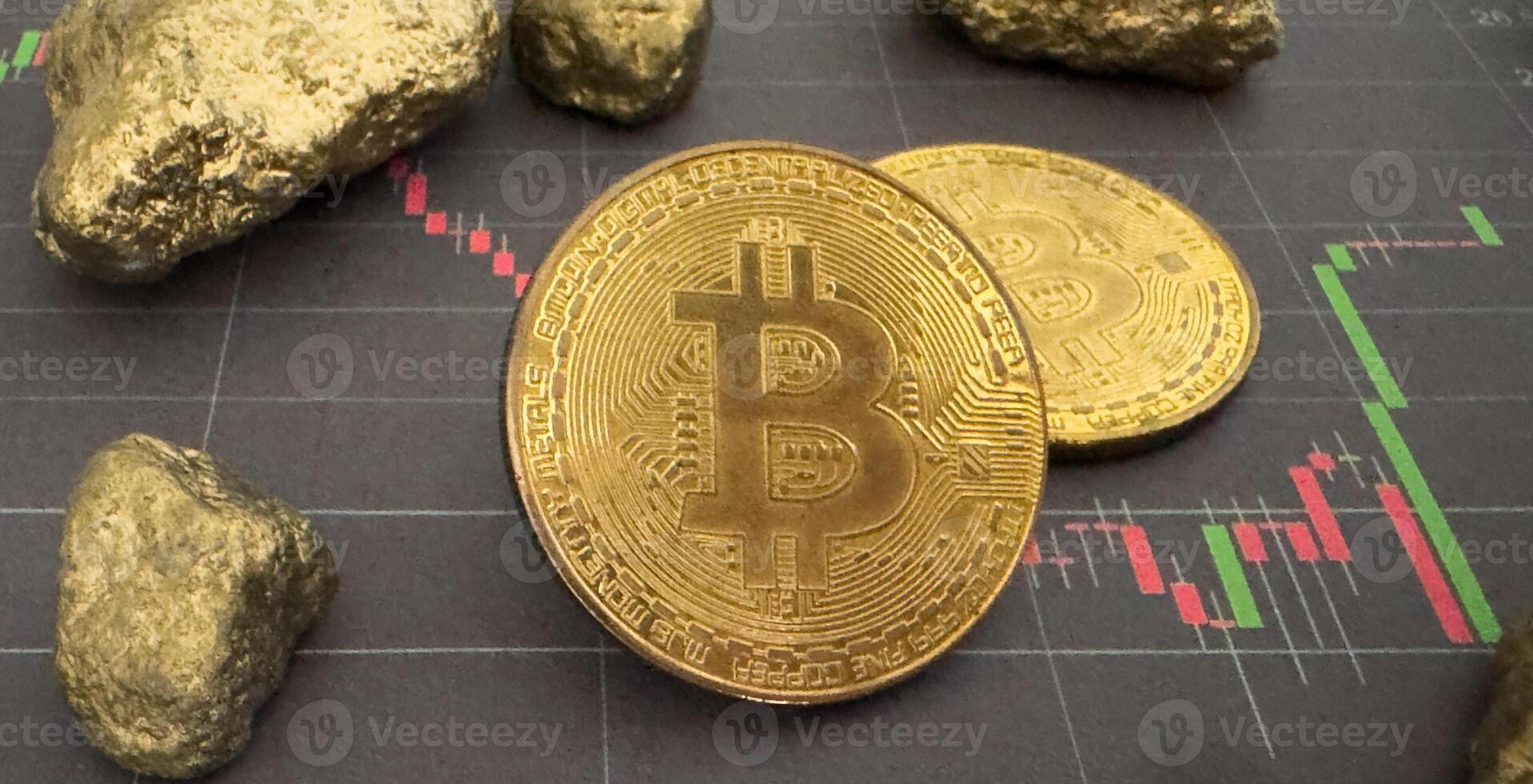 Golden Bitcoin Coin and mound of gold. Bitcoin cryptocurrency. Business concept. photo