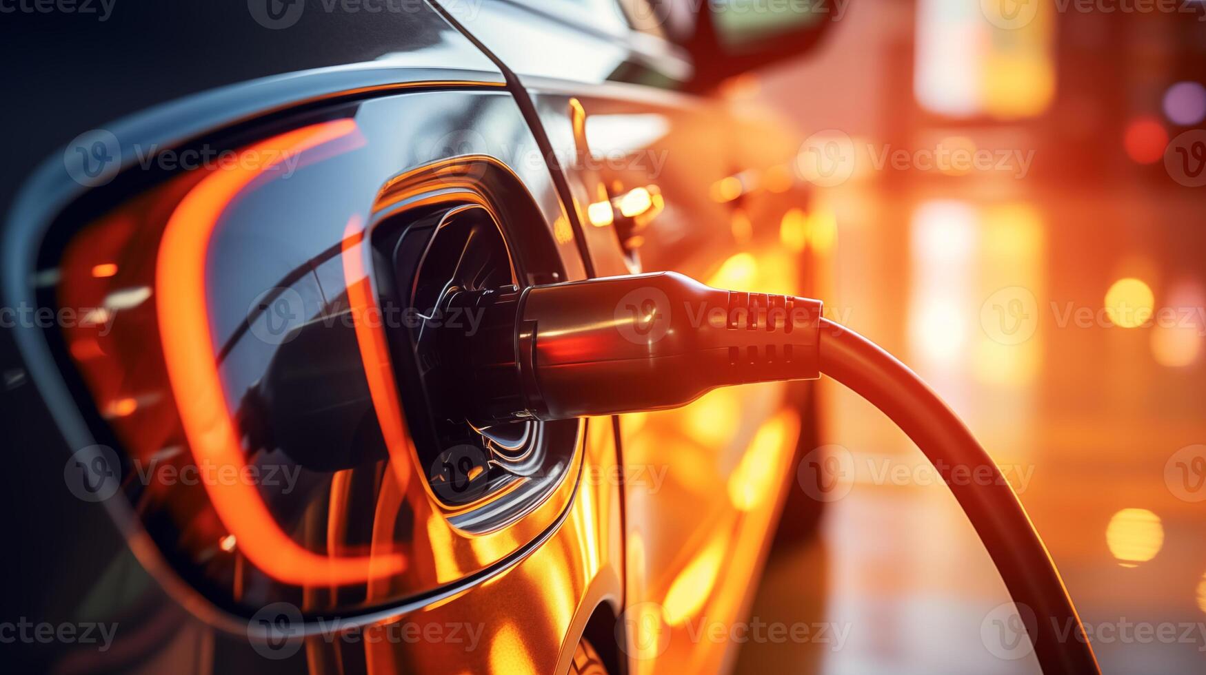 Electric car charging macro shot. Bright orange tint. Copy space. Photo for banner.