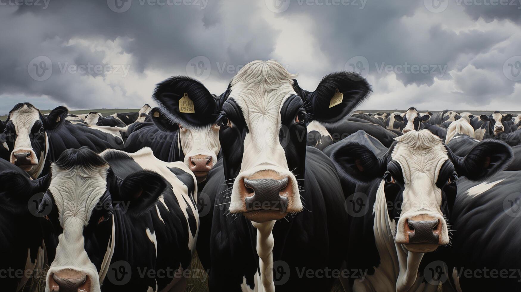 A herd of black and white cows is coming towards you. Cows are grazing. Photo for a banner or poster.