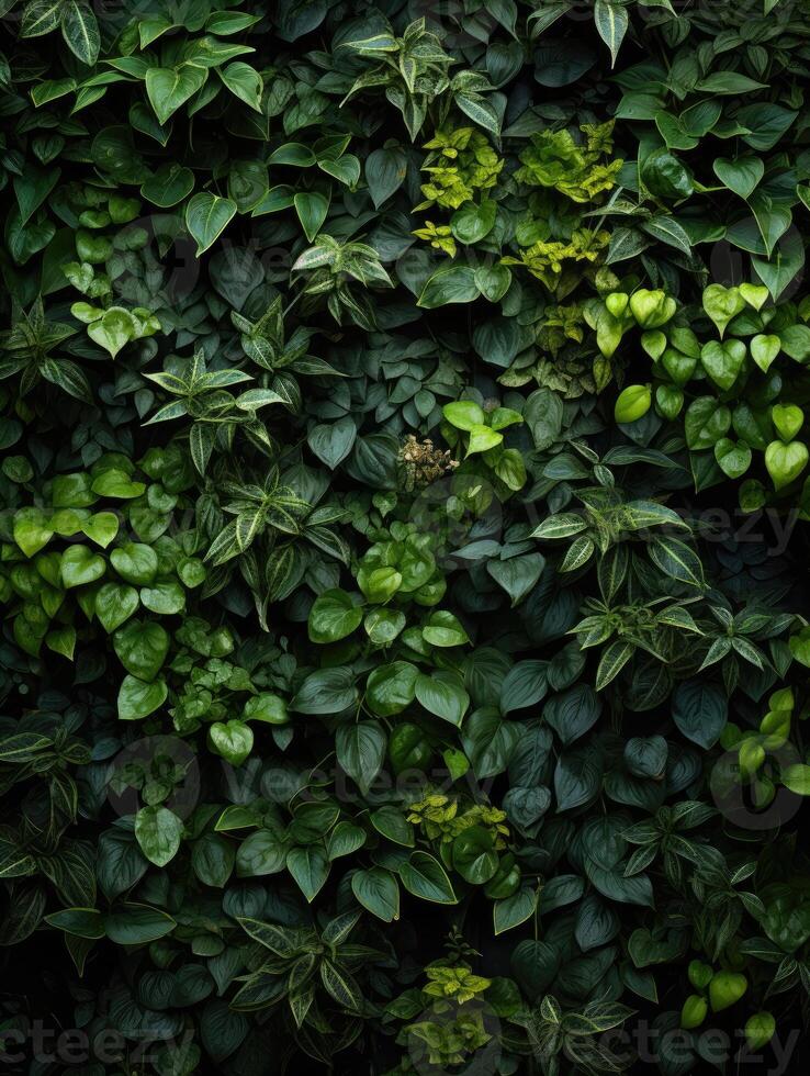 Texture background. Stone wall covered with plants and leaves. Green wallpaper on the wall. Vertical format. photo