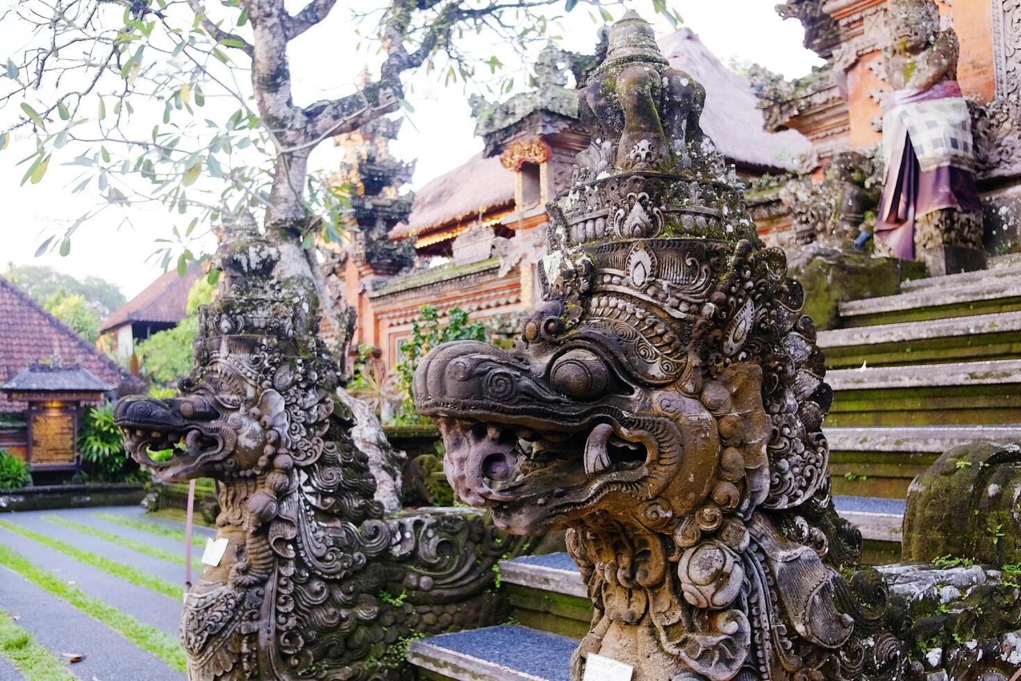 ancient lion stucco statue decorated in Hindu temple is god and belief in Hinduism with religion and culture in Bali, Indonesia photo