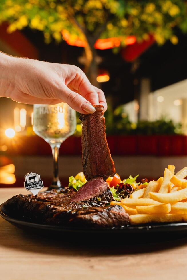 Lunch featuring a steak filet, salad, and French fries, elegantly presented on a table. photo