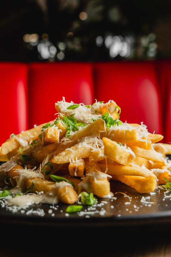 French fries topped with melted cheese and bacon bits. photo