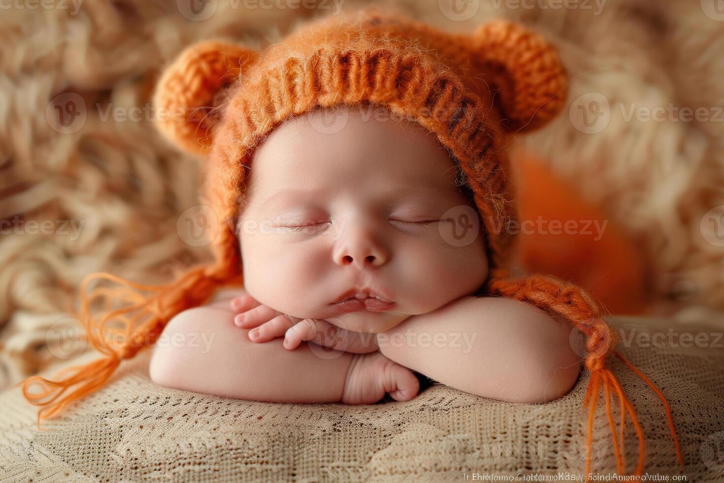 Sweet newborn baby wearing a bow headband, smiling softly in their sleep photo