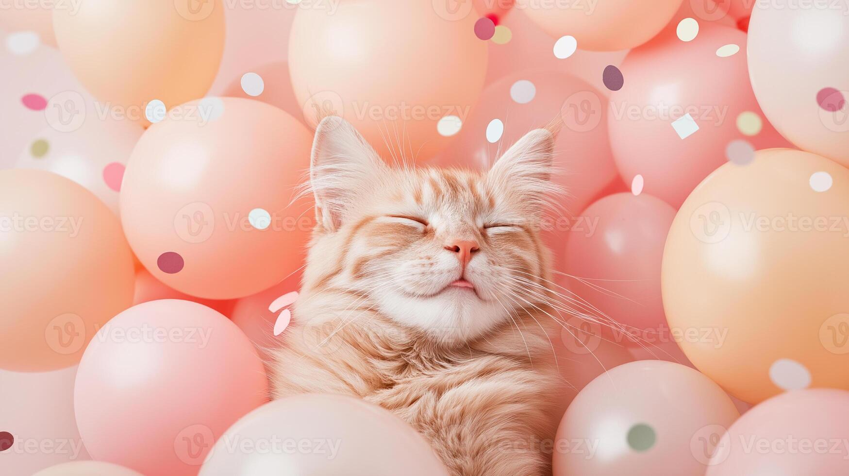Beautiful fluffy cat surrounded by colorful balloons and confetti photo