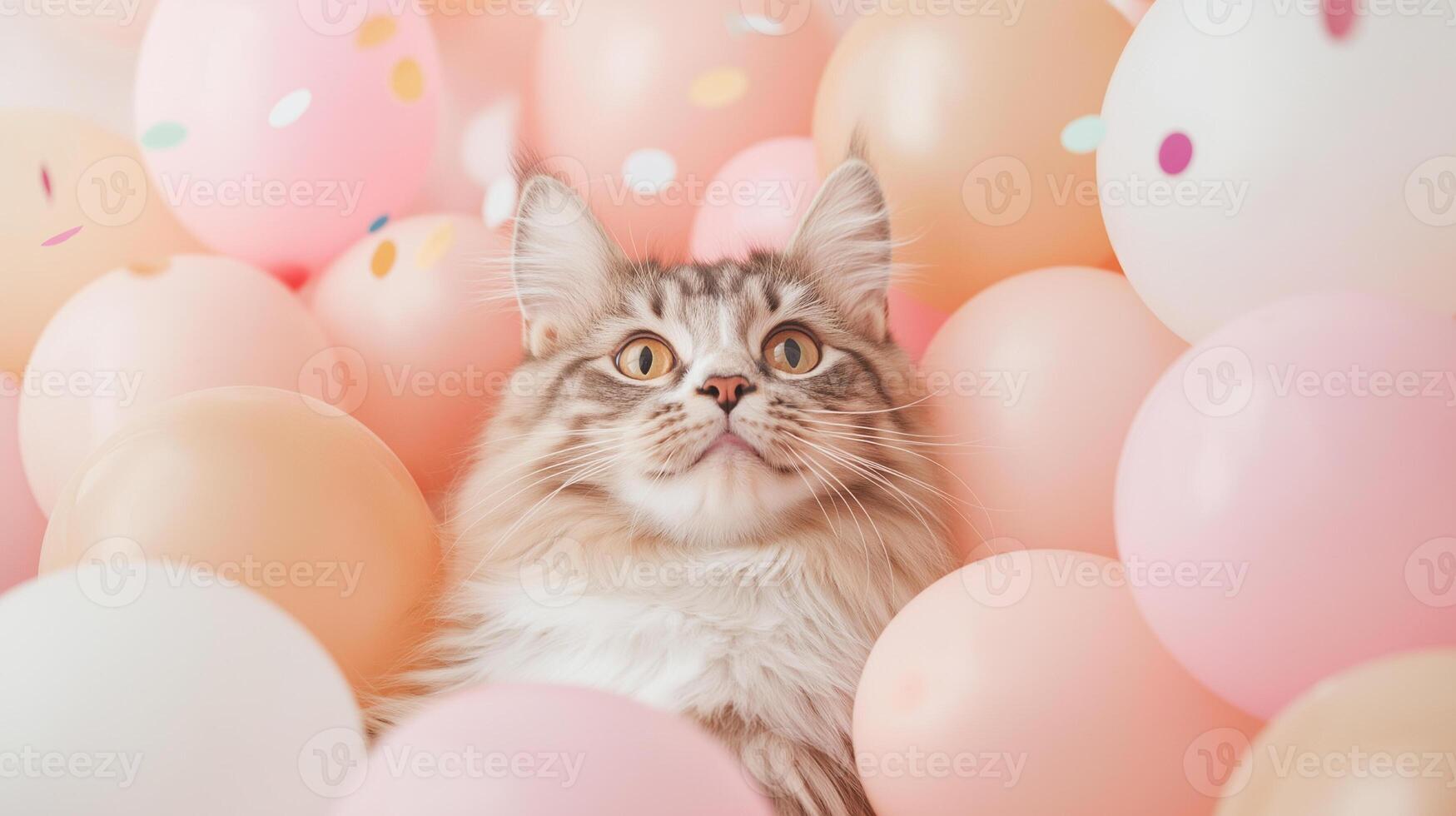 Beautiful fluffy cat surrounded by colorful balloons and confetti photo