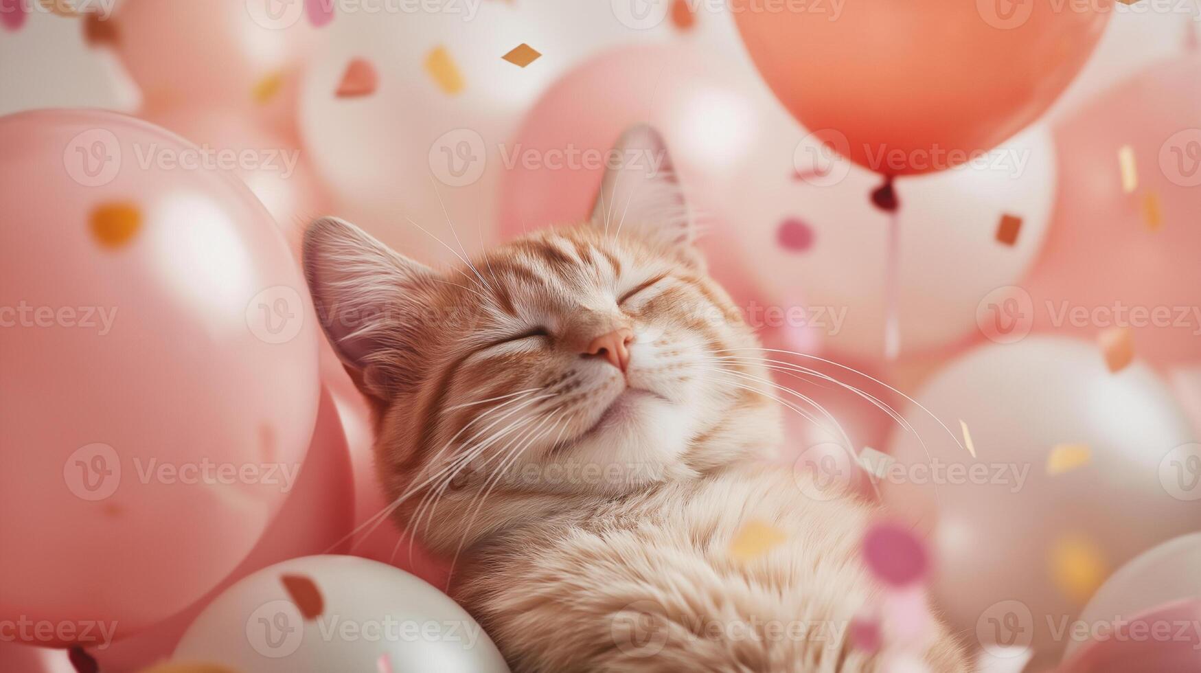 Beautiful fluffy cat surrounded by colorful balloons and confetti photo