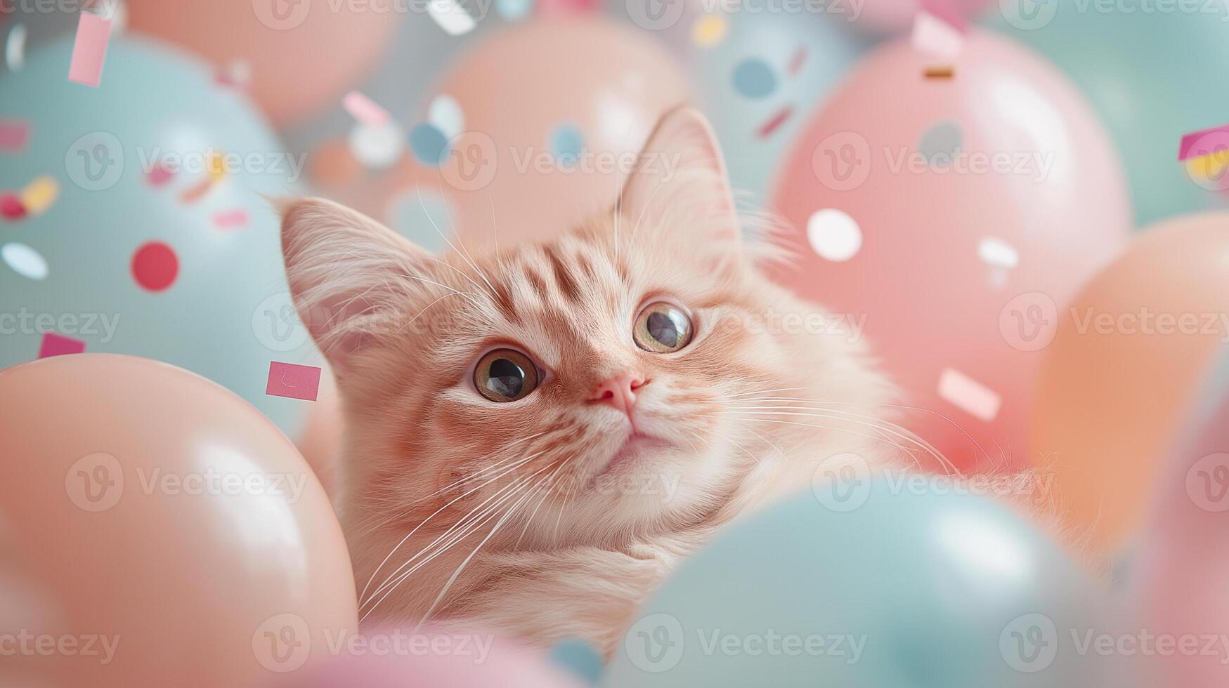 Beautiful fluffy cat surrounded by colorful balloons and confetti photo
