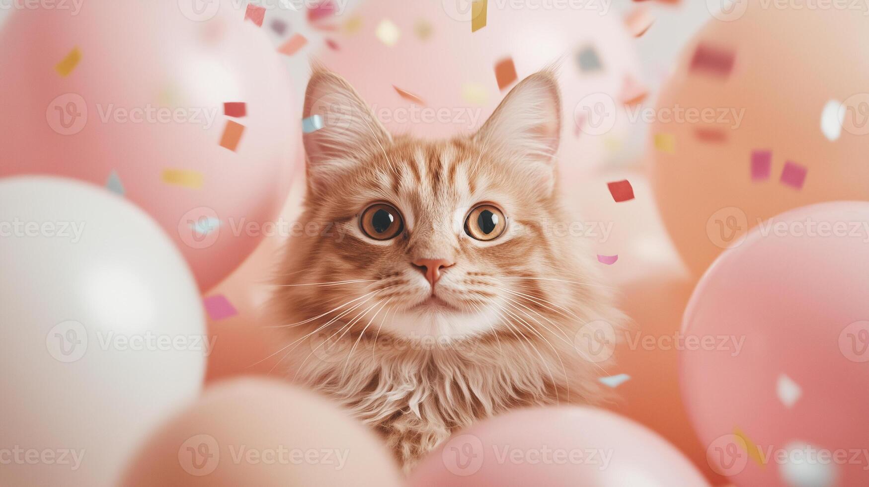 Beautiful fluffy cat surrounded by colorful balloons and confetti photo