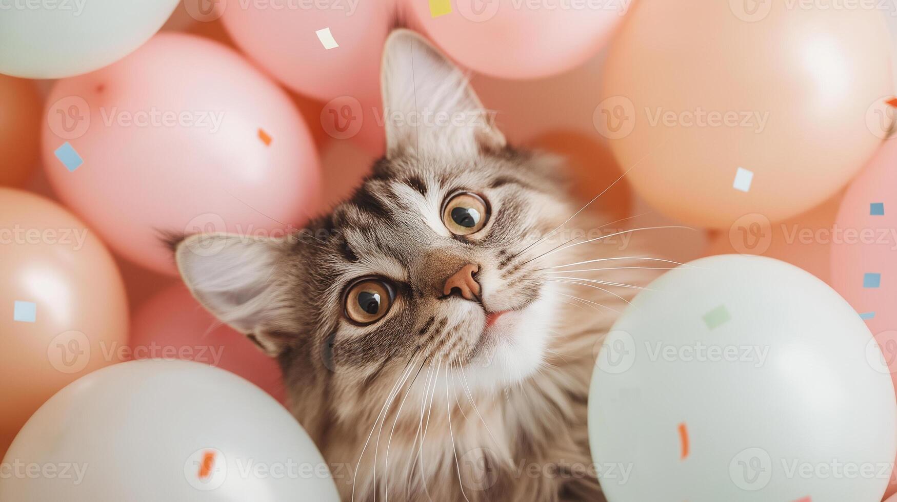Beautiful fluffy cat surrounded by colorful balloons and confetti photo