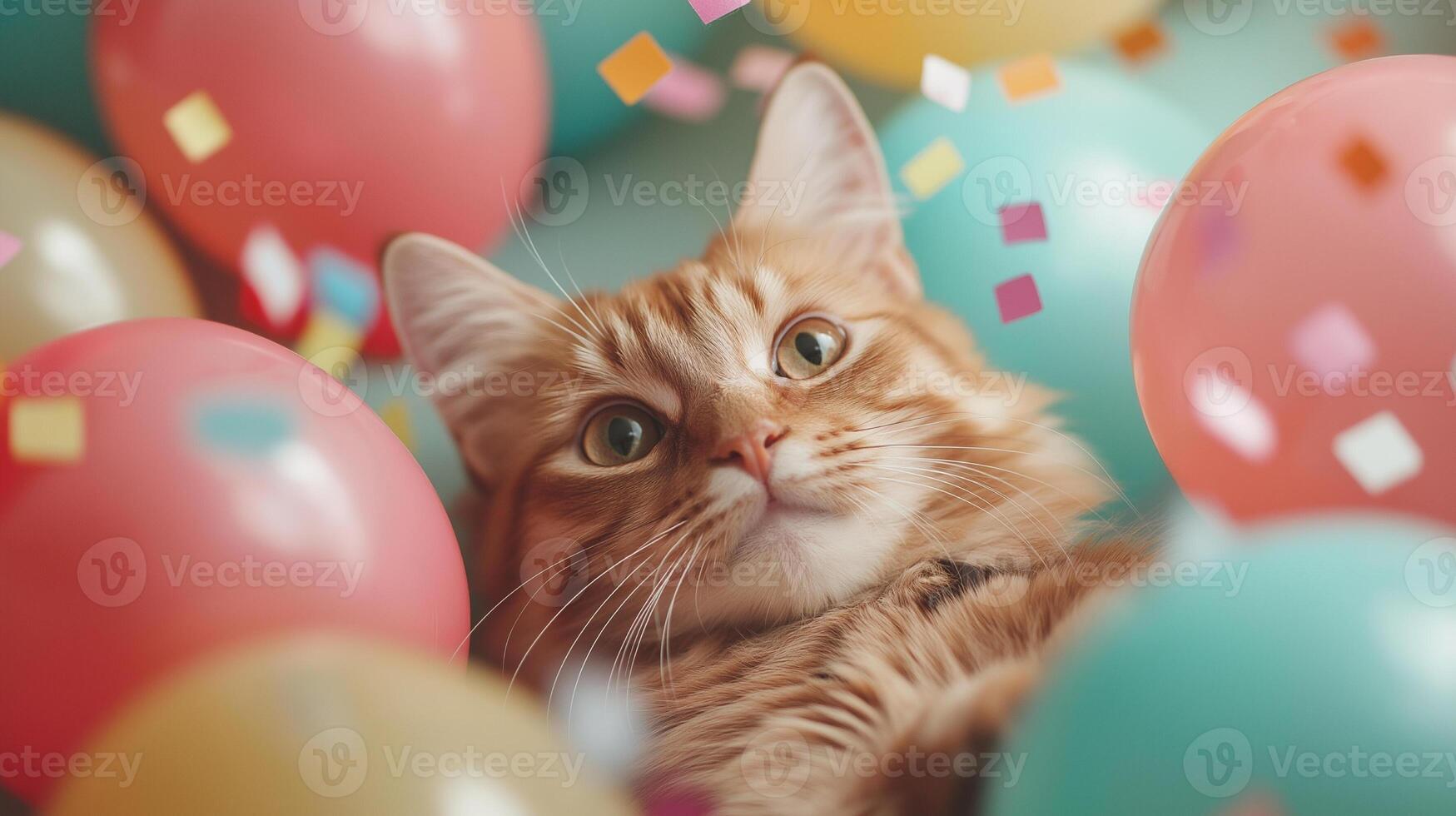 Beautiful fluffy cat surrounded by colorful balloons and confetti photo