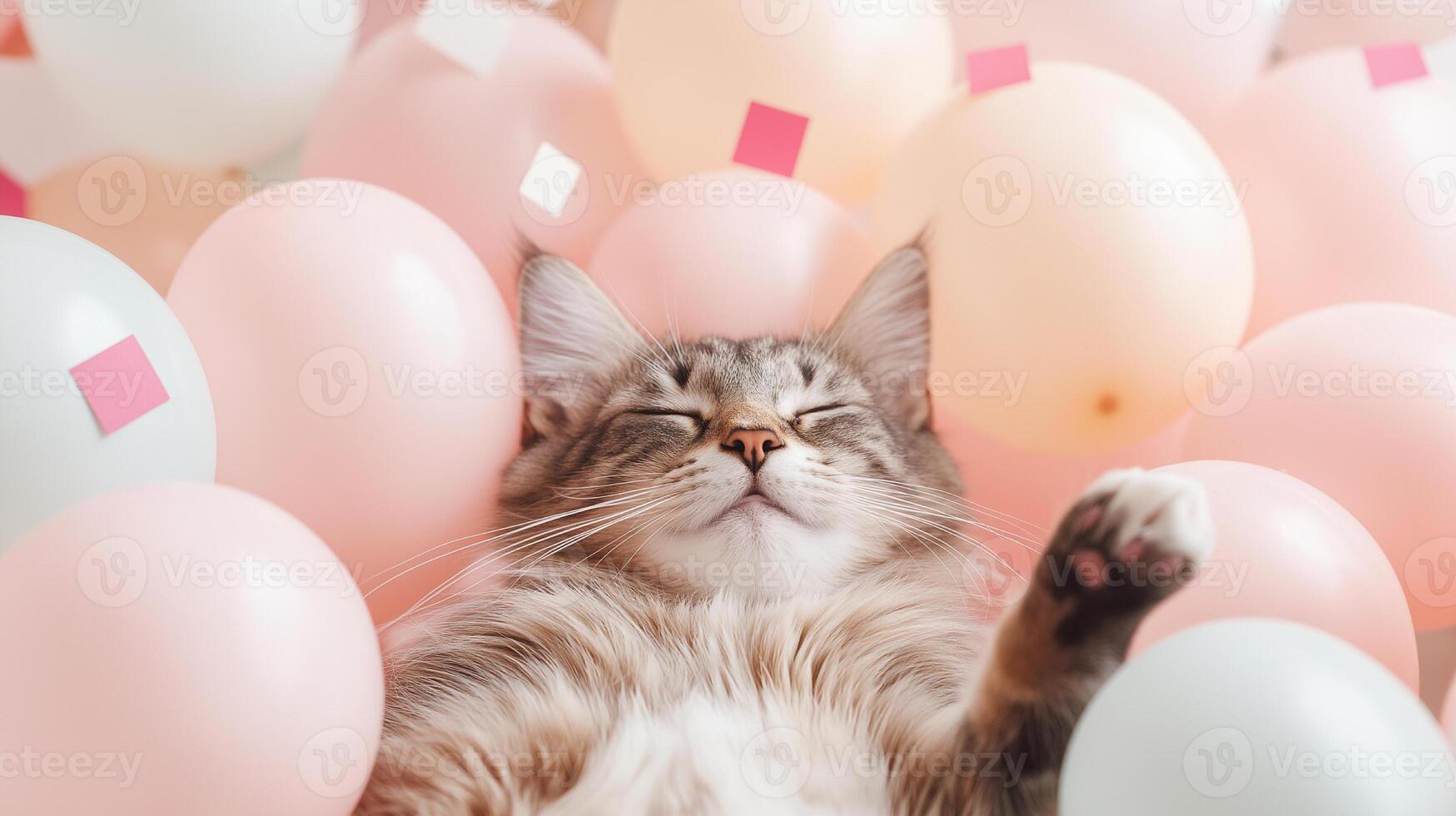 Beautiful fluffy cat surrounded by colorful balloons and confetti photo