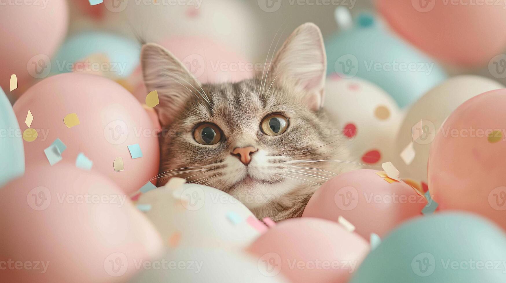 Beautiful fluffy cat surrounded by colorful balloons and confetti photo