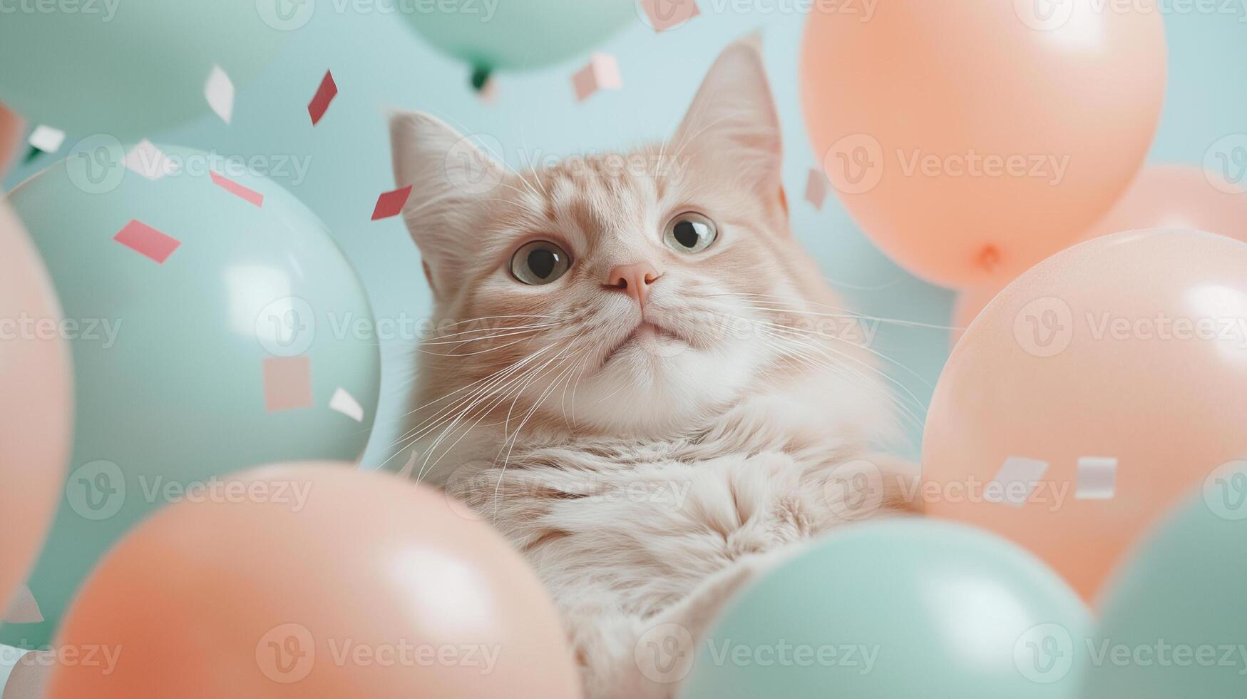 Beautiful fluffy cat surrounded by colorful balloons and confetti photo
