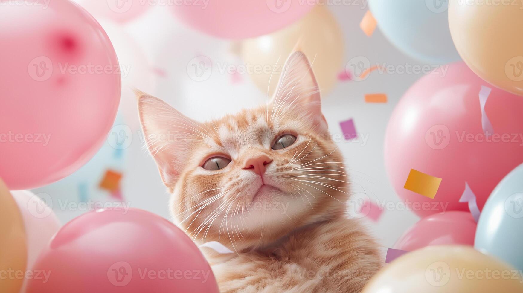 Beautiful fluffy cat surrounded by colorful balloons and confetti photo